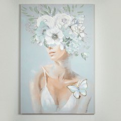 Πίνακας Σε Καμβά Γυναίκα Με Λουλούδια Και Πεταλούδες 755-12028 80x120x3.5cm White-Light Blue Estheti Home