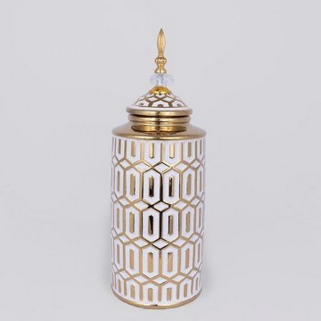 Βάζο Κεραμικό Με Καπάκι 752-20358 16.9x16.9x45.7cm White-Gold Estheti Home