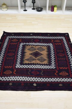 Handmade Persian Kilim Carpet Wool Blue-Black-Red 135Χ133