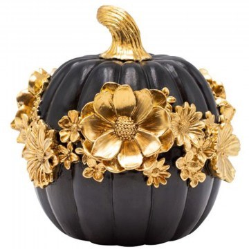 Decorative Pumpkin With Flowers 819-00544 14,8x14,4x14,2cm Black-Gold Estheti Home