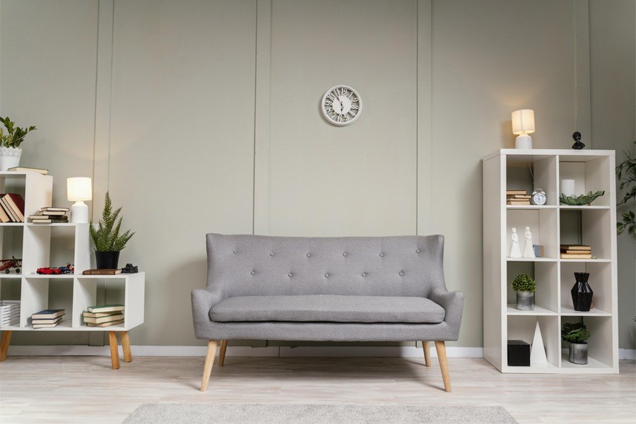 shelving unit library living room sofa