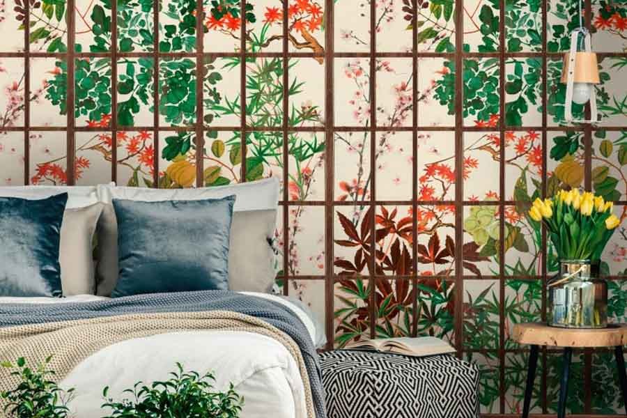 wallpaper with leaves bed lamp flowers